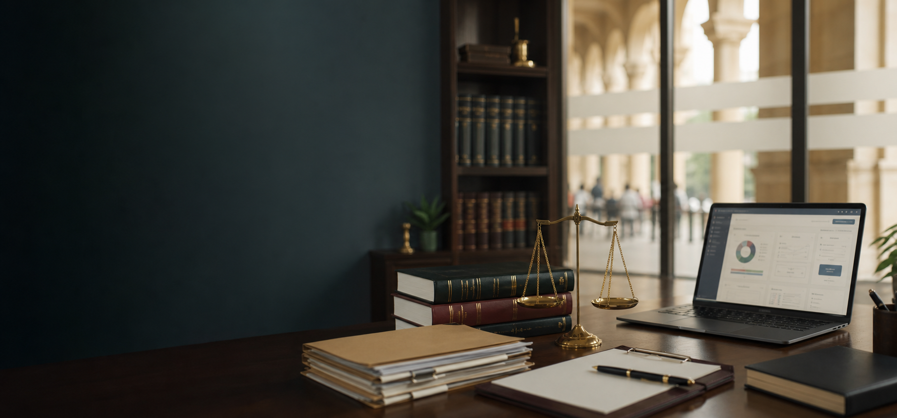 Legal office desk with law books and case files